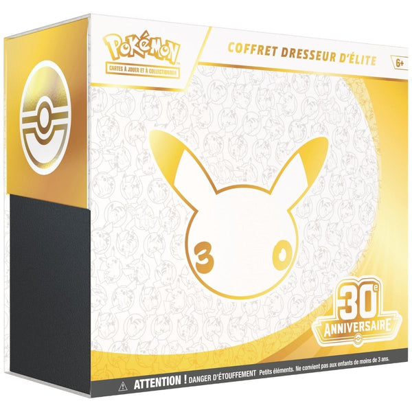 Coffret Dresseur d’Élite Pokémon – 30e Anniversaire (FR), packshot recto avec Pikachu et logo du 30e anniversaire