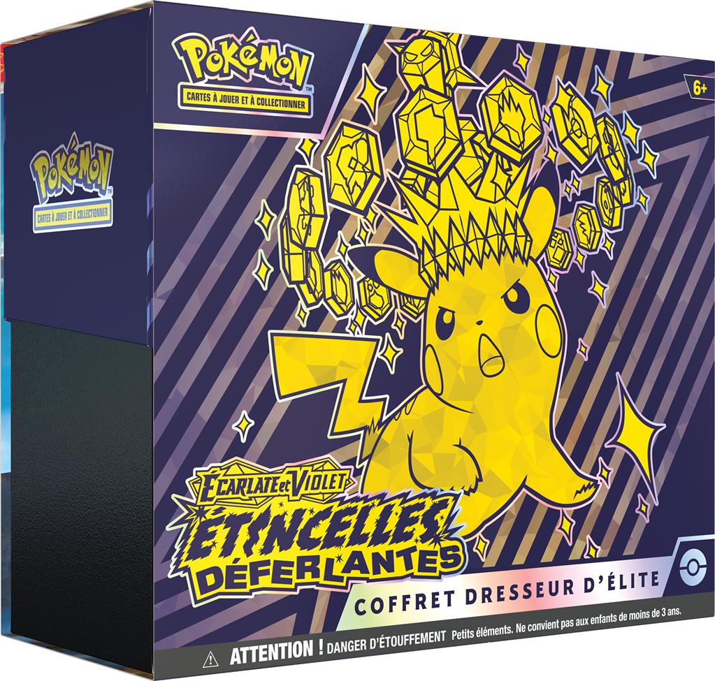 Coffret Dresseur d'Élite Pokémon Écarlate et Violet – Étincelles Déferlantes (EV08), packshot recto avec Pikachu