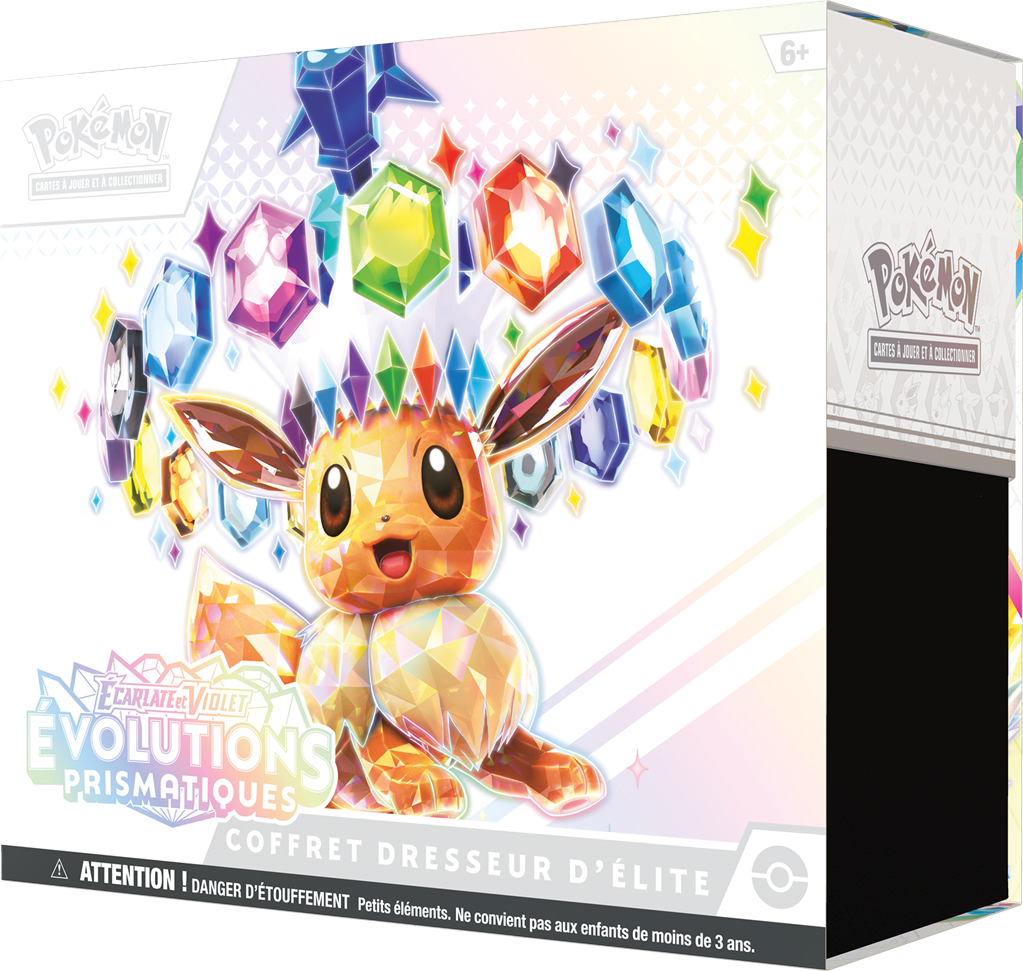 Coffret Dresseur d'Élite Pokémon Évolutions Prismatiques EV8.5, vue de face sous un autre angle avec le panneau latéral droit