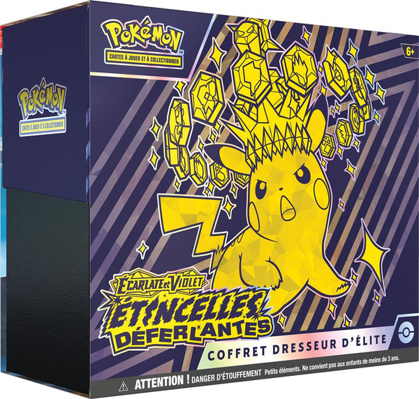 Coffret Dresseur d'Élite Pokémon Écarlate et Violet – Étincelles Déferlantes (EV08), packshot recto avec Pikachu