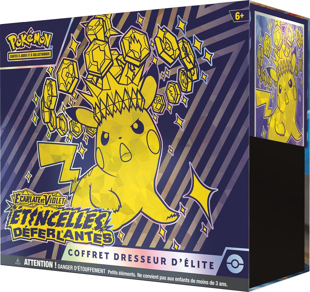 Coffret Dresseur d’Élite Pokémon Écarlate et Violet – Étincelles Déferlantes (EV08), vue de trois quarts avec tranche de la boîte