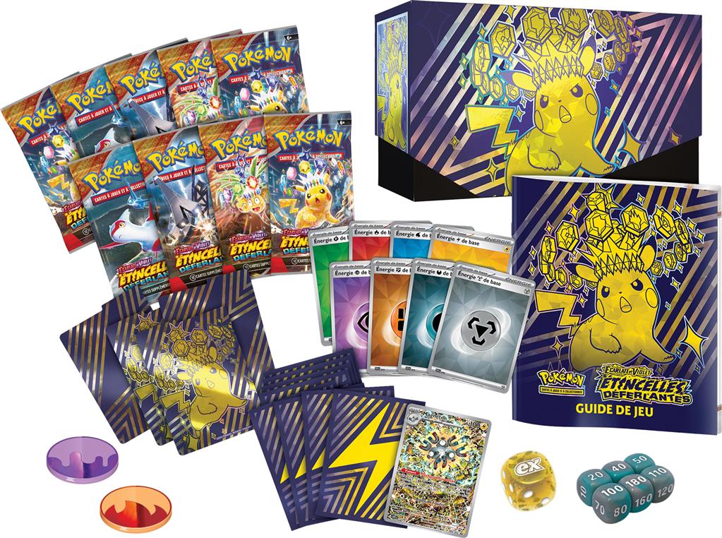 Contenu du Coffret Dresseur d’Élite Étincelles Déferlantes (EV08) : 9 boosters, guide de jeu, cartes Énergie, protège-cartes, carte promo Magnéton, marqueurs et dés