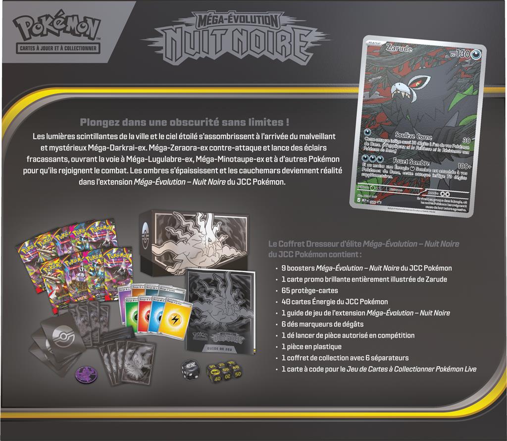 Coffret Dresseur d’Élite Pokémon Nuit Noire ME05 – contenu de la boîte et carte promotionnelle Zarude