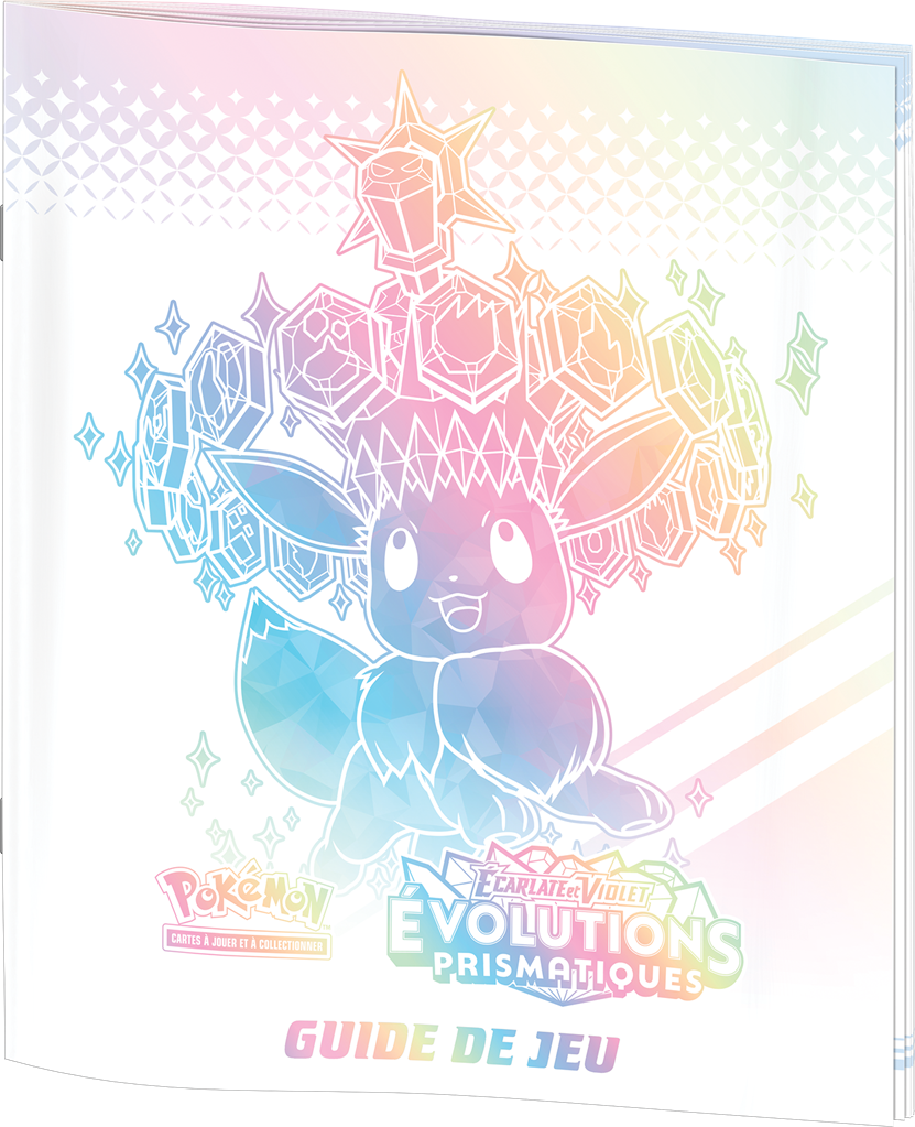 Couverture du guide de jeu inclus dans le Coffret Dresseur d'Élite Pokémon Évolutions Prismatiques EV8.5, illustration arc-en-ciel d'Évoli