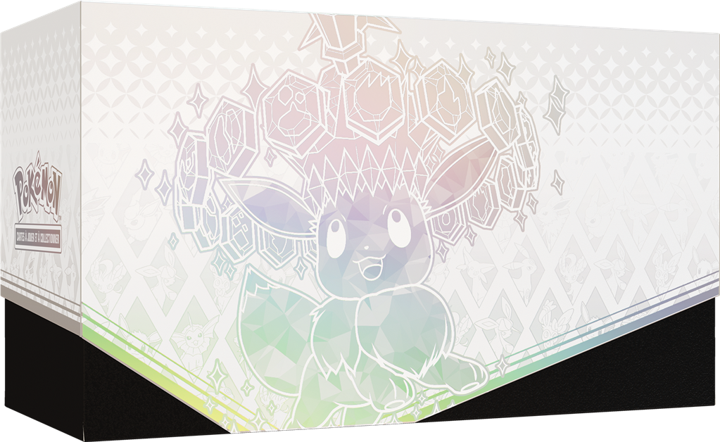 Face arrière du Coffret Dresseur d'Élite Pokémon Évolutions Prismatiques EV8.5, illustration d'Évoli en dégradé pastel